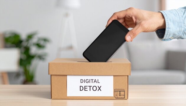 Digital detox screen time concept. A hand placing a smartphone into a box labeled "Digital Detox.