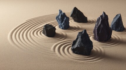 Minimalist Zen Garden with Rocks and Sand Circles Top View for Meditation and Relaxation in a Tranquil Setting