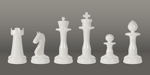 Chess piece. 3d white king, queen on board or pawn, chessboard figures. Success game mate, team checkmate. Render glossy isolated objects. Sport strategy tactic game. Vector background