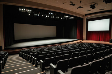 Naklejka premium A movie theater with a screen and rows of seats for an audience