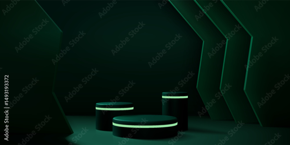 Poster green podium. 3d product display round platform in black dark stage. futuristic cylinder pedestal re