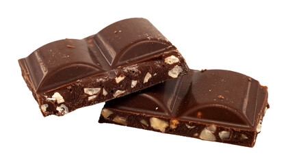 Broken Milk chocolate bar on a white background, top view. Chocolate isolate