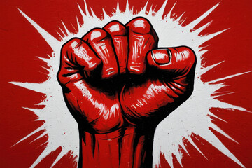 A human fist on a bold red background