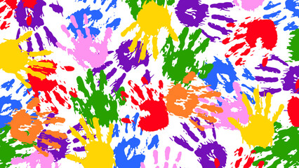 Hand palms paint imprints seamless pattern. Colorful arm messy stamps. Human handprints. Kids friendship. Repeated print. Ink fingerprint stains. Children game. Vector abstract background