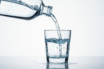 A bottle of water being poured into a glass