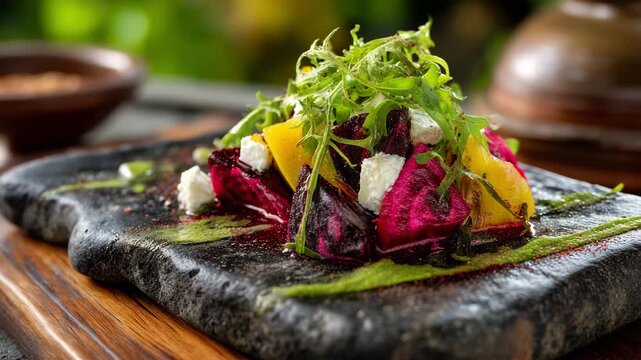 Colorful beet salad with yellow beet, cheese, and fresh greens served stone plate with sauce drizzle