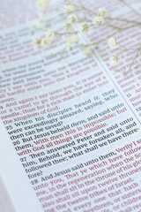 Obraz premium With God all things are possible, biblical text in open holy bible book. Close-up. Christian concept of Jesus Christ's authority, power, wisdom, and glory.