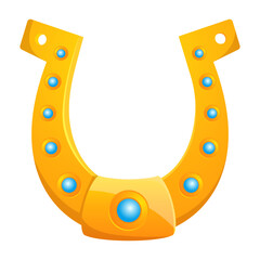 Horseshoe golden with blue gemstones. Good luck symbol. Gild horse shoe, precious gem. Blacksmith fortune amulet or talisman. Animal foot. Cowboy ranch. Rodeo emblem. Vector icon