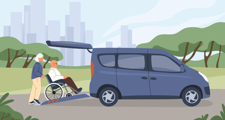 Disabled people use car. Woman helping to man boarding into automobile. Couple loading in auto van. Transport for old people who needs special hospital support. Vector illustration