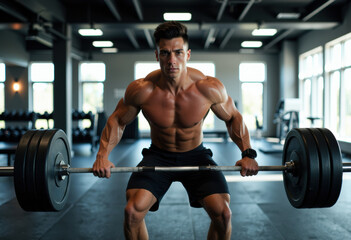 Fototapeta premium Muscular man lifting a heavy barbell in a modern gym setting