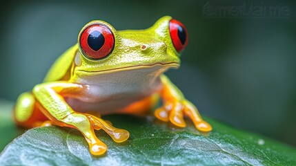 Fototapeta premium Red-eyed tree frog on a leaf, glowing in sunlight with vibrant colors and a soft green backdrop.