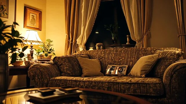 Cozy living room A lamp illuminates a patterned couch with plants nearby
