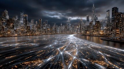 Urban skyline at night, illuminated cityscape reflecting on water, vibrant lights, suitable for business or travel themes.