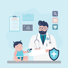 Pediatrician doctor examining little girl doing medical checkup. Kids clinic, male pediatrician and cute baby in hospital room. Medical banner, healthcare.