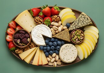 Cheese board with fruits and nuts.  A delicious and visually appealing arrangement of various cheeses, fresh fruits, and nuts, perfect for a gathering or party.