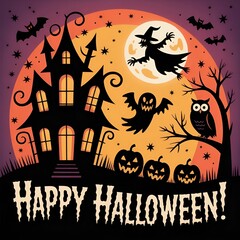 Spooky castle with pumpkins and bats 