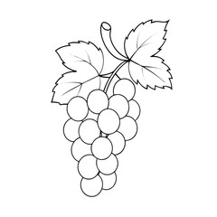 Black and White Line Drawing of a Grape Bunch with Leaves – Fruit Illustration"


