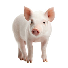 A curious piglet stands on all fours, looking directly at the camera with its big, expressive eyes. Its white fur and pink snout contrast nicely against the simple background.