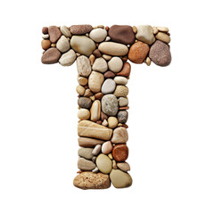 Letter T composed of various colorful smooth stones and pebbles arranged on a white background