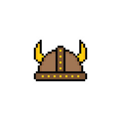 Obraz premium Viking in horned helmet icon 8 bit, pixel art helmet icon for game logo. 