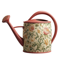 A detailed view of an antique watering can adorned with a floral design. The can has a classic shape with a rose-colored hue