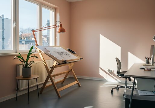 Desk and drafting table near window