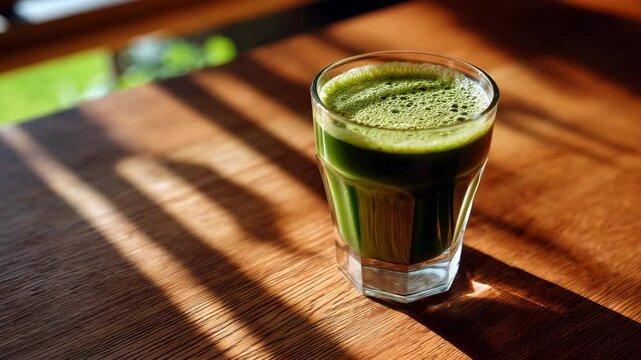 Green juice vegetable drink in glass cup on wooden table with sunlight and shadow creating warm mood