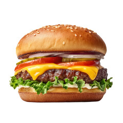 A Mouthwatering Cheeseburger on a Sesame Seed Bun, loaded with Fresh Ingredients