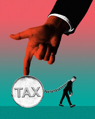 Giant red hand holds heavy tax coin chained to walking man in black suit. Contemporary art collage. Concept of taxation, financial burden, economic weight, business, economy. Photocopy effect.