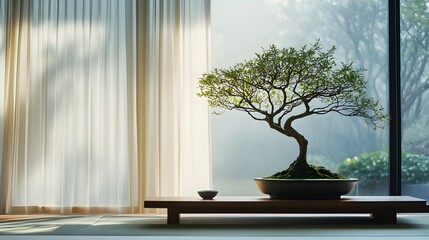 A bonsai tree placed in full view on a tea ceremony table