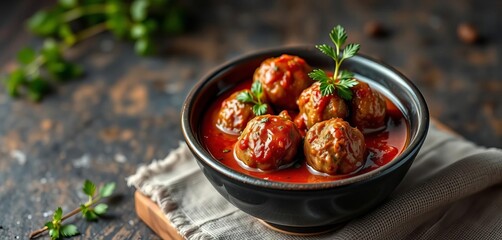 Dark bowl, tender meatballs in rich sauce, fresh herb garnish,  meal,  rustic