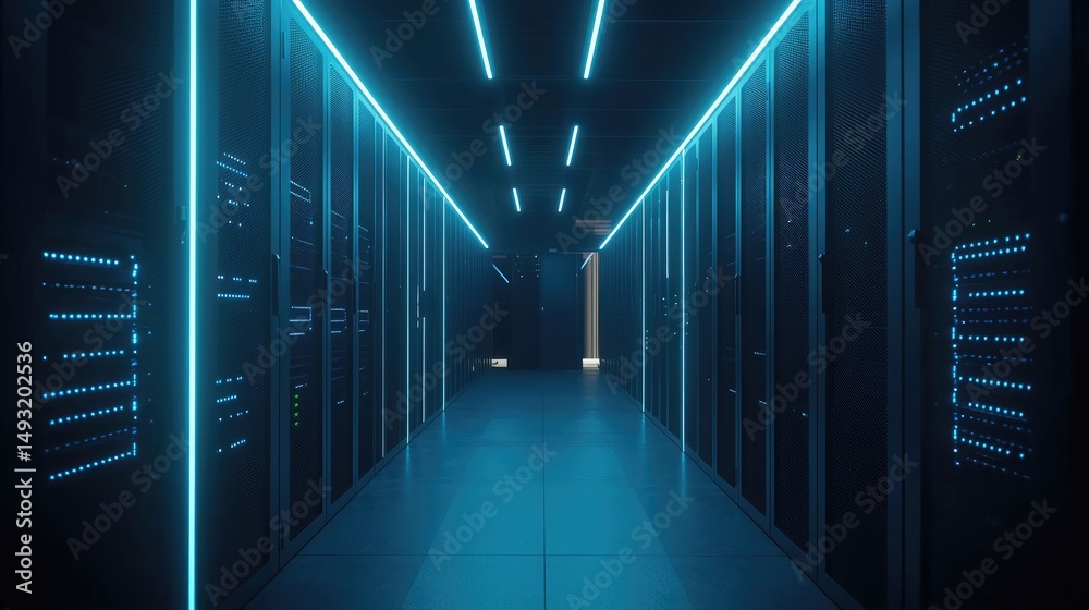 Leinwandbilder Modern data center hallway with rows of server racks and blue LED lighting, ideal for cloud computing, cybersecurity, network infrastructure, and technology-related visuals