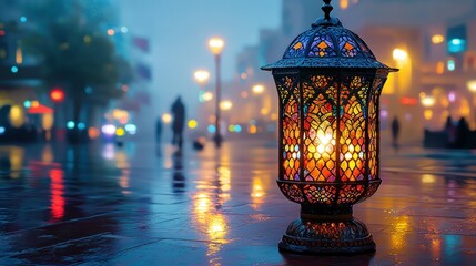 Naklejka premium Ornate lantern on wet city street at night