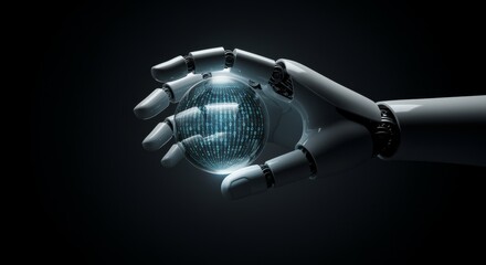 Robot hand holding glowing digital globe with binary code on dark futuristic background