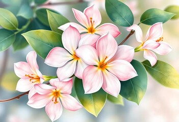 Fototapeta premium Delicate watercolor jasmine blossoms and leaves, vector graphic illustration, texture, flower