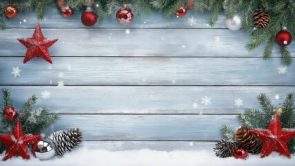 Festive Christmas composition with fir branches, red stars, baubles, pine cones, and snow on a blue wooden background with falling snowflakes. - Powered by Adobe