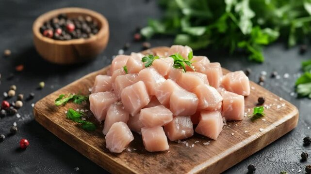 Fresh uncooked chicken meat cut into cubes, garnished with parsley and sea salt, placed on a wooden board with spices on dark background.