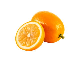 A single Kumquat fruit sliced small oval citrus with edible peel isolated on white background