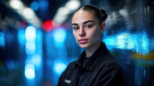 Focused Young Female Security Apprentice in Uniform Against a High-Tech Blue Background