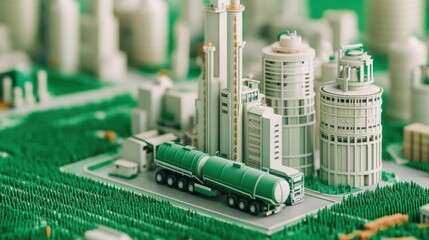 A detailed miniature model of an industrial area featuring green structures and a truck, This image is ideal for articles on urban planning, sustainable energy, or industrial design concepts,