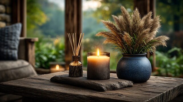 A cosy, softly blurred interior scene with a reed air freshener and two lit candles on a tabletop, highlighted by warm ambient lighting.