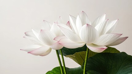Elegantly displayed, these white lotus flowers with pink accents symbolize purity and serenity, perfect for wellness, nature, and spiritual themes in marketing, branding, or personal projects,