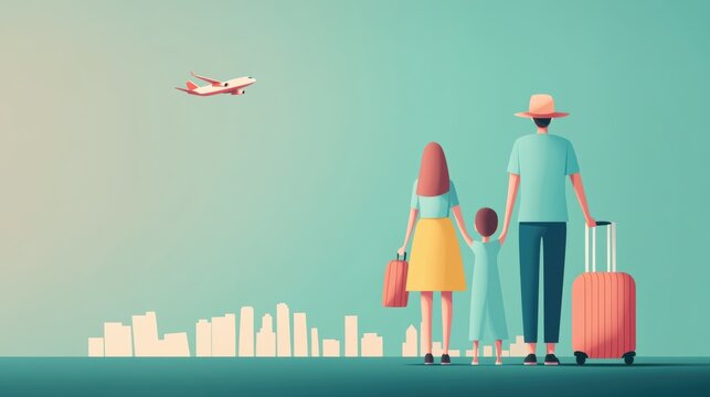 A family stands together with luggage, gazing at an airplane above a city skyline, evoking a sense of travel and adventure, Ideal for travel blogs, family vacation promotions, or aviation themes,