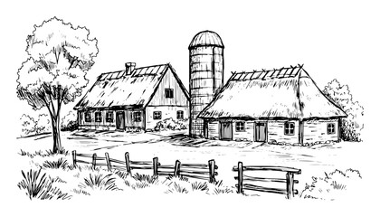 traditional countryside farm with barn and silo