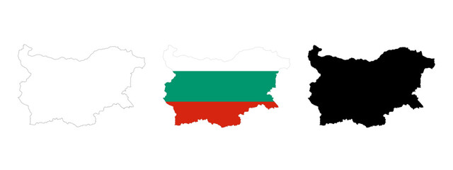 Bulgaria maps set on white background. Bulgaria Map with Flag, black map and outline map.