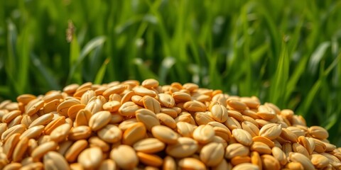 Obraz premium Close-up of pumpkin seeds subtly transitioning into a vibrant green field, nutrition, plant