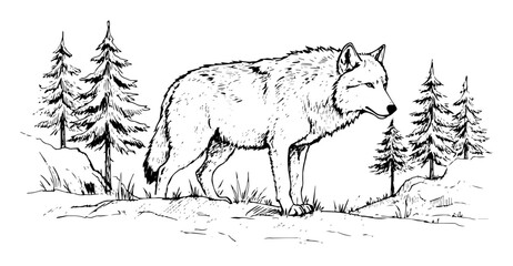 wolf walking through forest in monochrome outline style