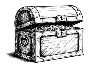 treasure chest full of coins in hand drawn sketch style