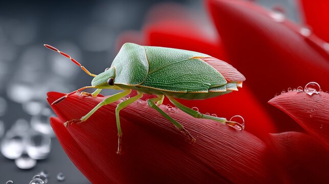 Green shield bug, with dewdrop legs, perches on a red flower petal. Soft focus background