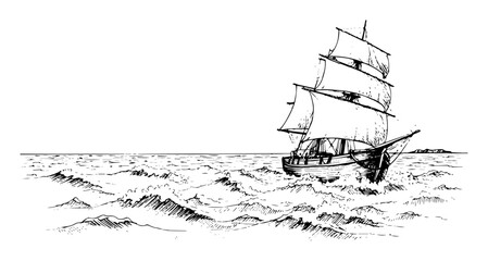 sailing ship on open sea waves in vintage sketch style © Kaz
